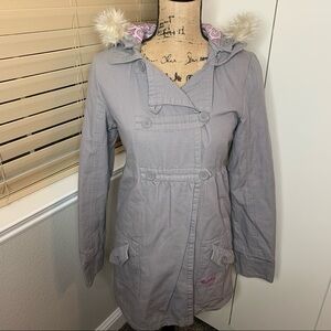 Women's Billabong Vintage Y2K Faux Fur Hooded Peacoat Jacket Snow Trench Skater